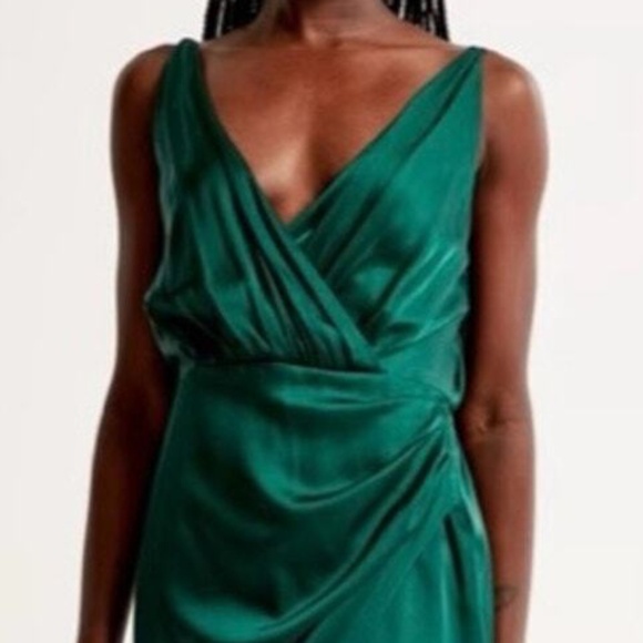 Abercrombie & Fitch A&F Satin Green Draped Wrap Midi Dress Large Petite - Picture 9 of 12
